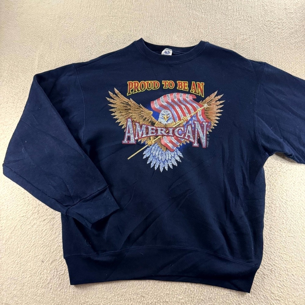 Fruit of the Loom Sweatshirt Mens Large Navy Blue Good Patriotic Eagle Graphic